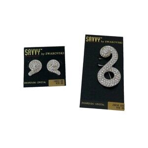 Savvy Swarovski Silver Tone Swirl Crystal Round Pave Pierced Earrings & Pin